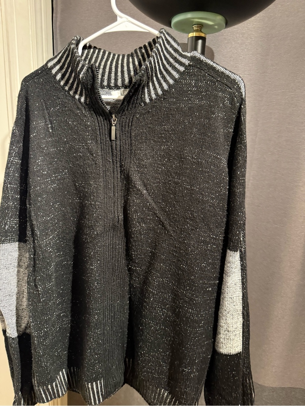 Tag Men's Black and Gray Zip-Up Sweater with Striped Collar